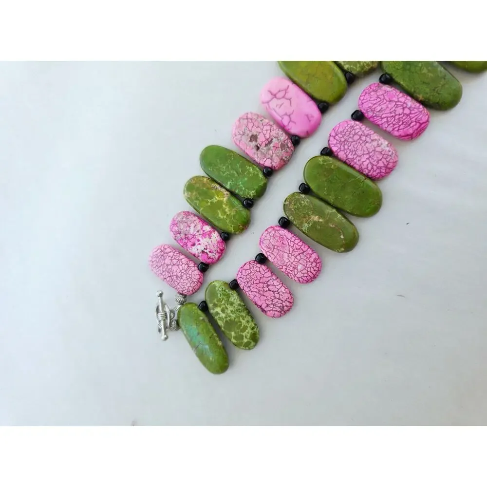 Handmade Gem Stone‎ Beaded Artisan Necklace Howlite Green Pink Green Choker Boho